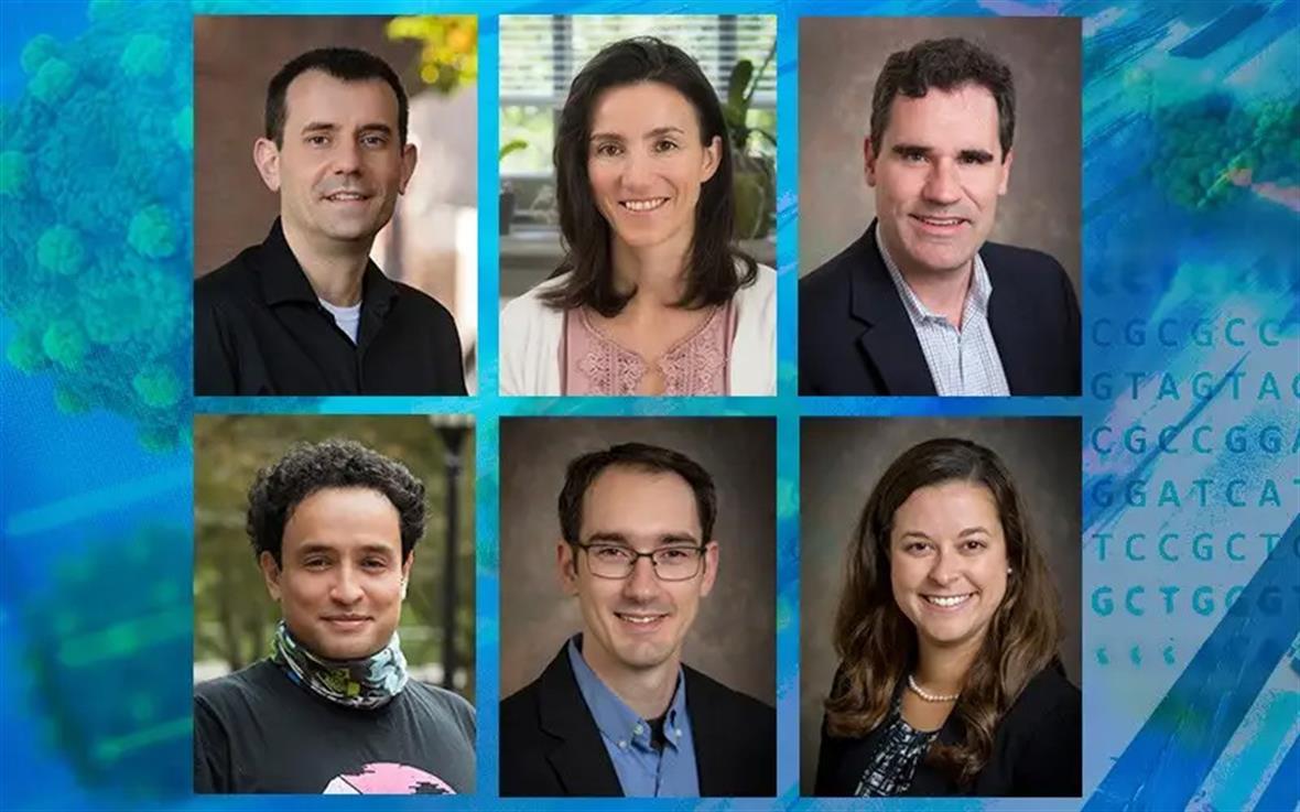 ​University of Delaware Professor Joe Fox (top right) leads the Center of Biomedical Research Excellence that has won a second phase of funding from the NIH. Newly added to the research team are (top row, left to right): Jeff Mugridge and Ramona Neunuebel and (bottom row, left to right) Juan Perilla, Karl Schmitz and Catherine Fromen.